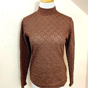 Manuela Semi Sheer Brown Lace/ Crochet Mock Neck Long Sleeve Top S